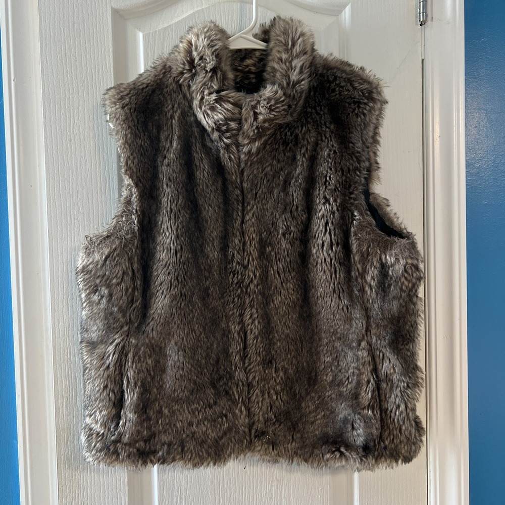 Banana Republic Faux Fur Vest Brown Gray Full Zip L Lining Peeling Interior
